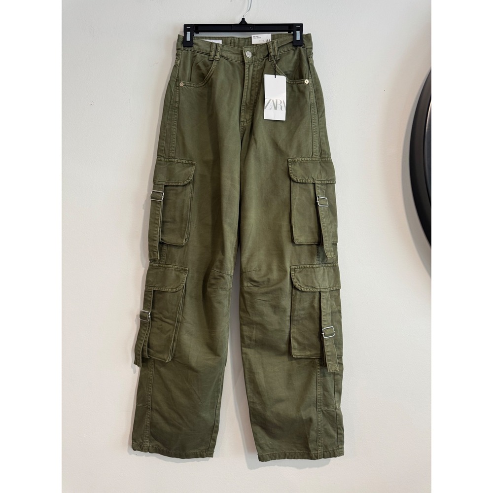 Zara Mid-Rise Full Length Cargo Pants Women Size 2 Olive Green Utility Buckle